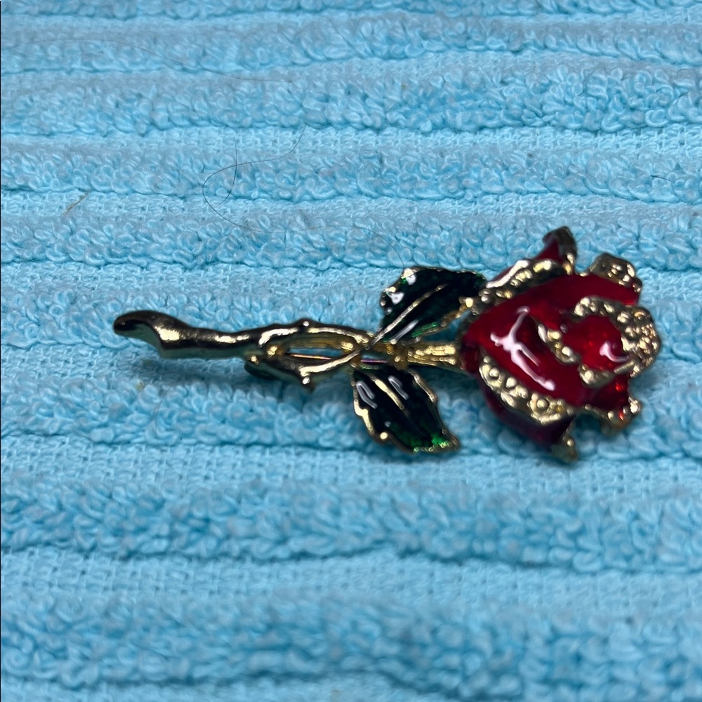 Gold and Red Rose Brooch